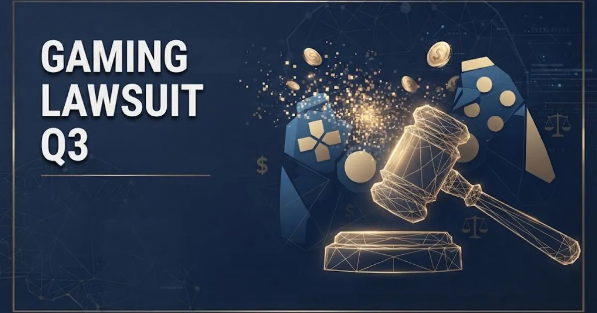 Gaming lawsuit Q3 hero banner with bold white title text over dark navy legal themed abstract background with gold accents