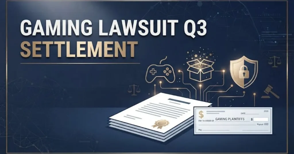 Gaming lawsuit Q3 settlement graphic with legal documents and digital icons on dark navy background with gold text