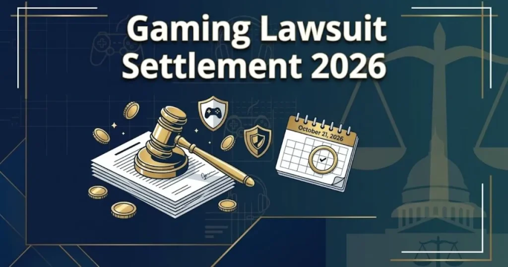 Gaming lawsuit settlement 2026 graphic with gavel, documents, and deadline calendar icons on navy background