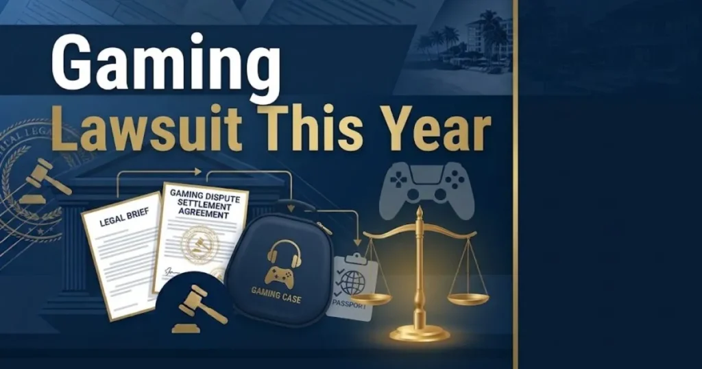 Gaming lawsuit this year hero banner with legal scales and gaming controller silhouettes on navy background