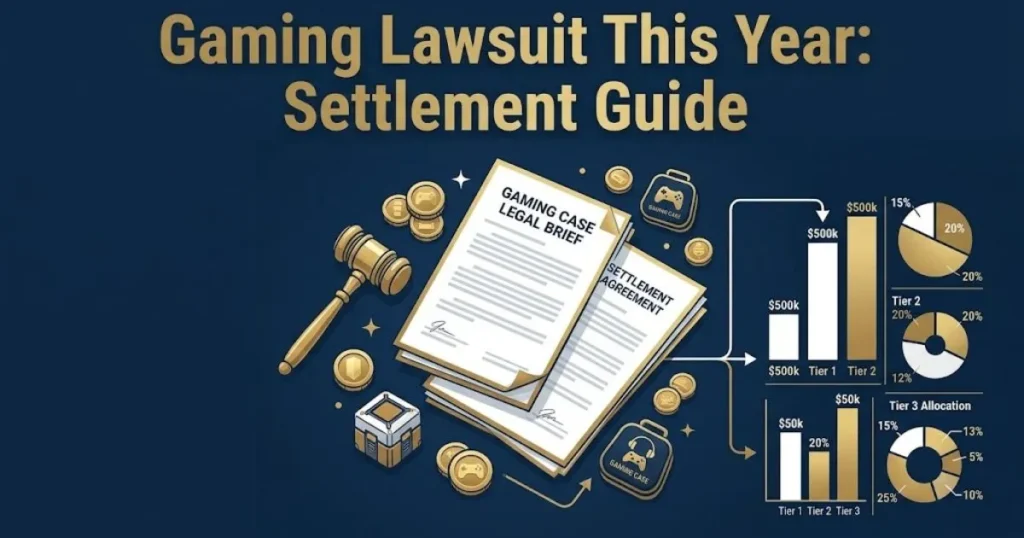 Gaming lawsuit this year settlement guide graphic with legal documents and loot box icons on navy background