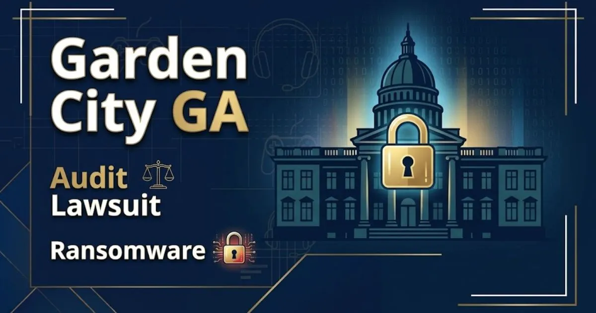 Garden City GA 2026 audit lawsuit ransomware hero banner with municipal building silhouette and cybersecurity padlock icon on navy background