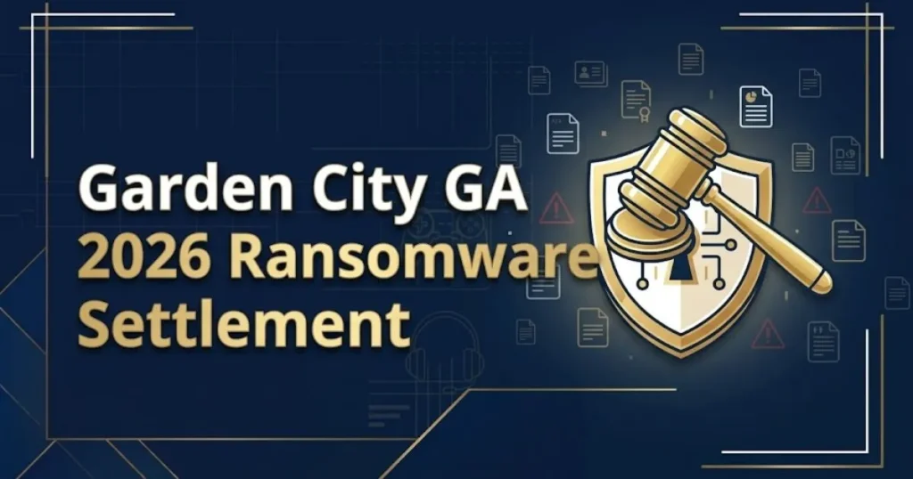 Garden City GA 2026 ransomware settlement graphic with courtroom gavel and digital shield on navy background for lawsuit article