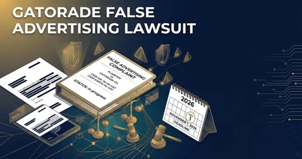 Gatorade false advertising lawsuit hero banner with legal scales and sports drink silhouette on navy background