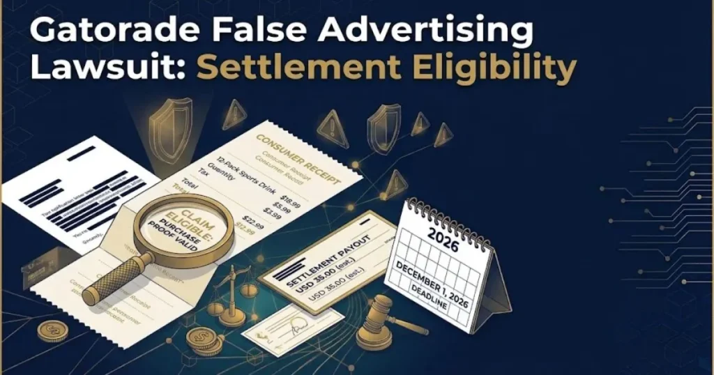 Gatorade false advertising lawsuit settlement eligibility graphic with receipt and calendar icons on navy background