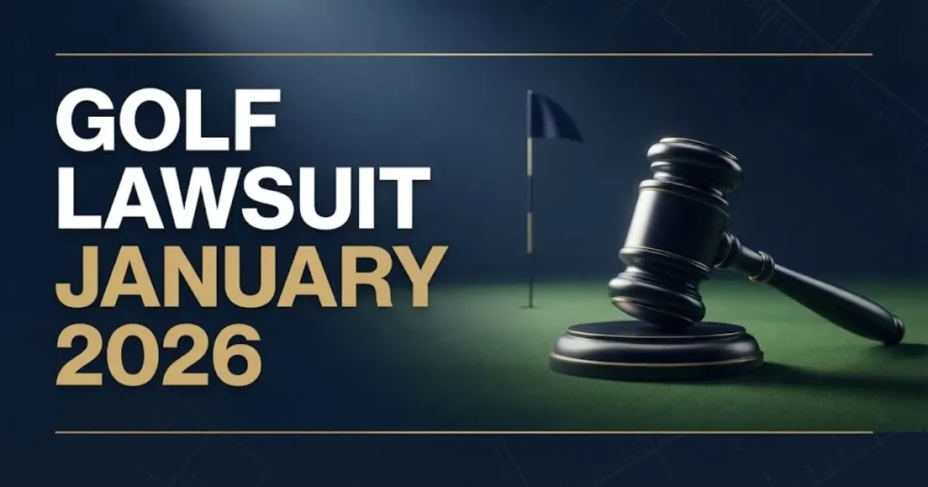 Golf lawsuit January 2026 hero banner with gavel on green and bold headline text