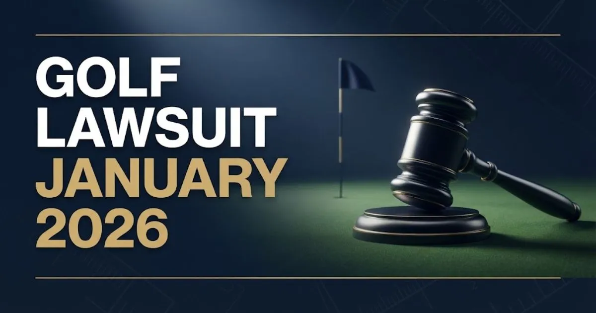 Golf lawsuit January 2026 hero banner with gavel on green and bold headline text