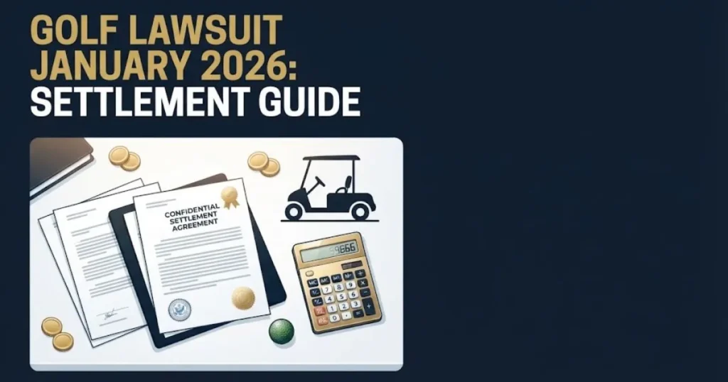 Golf lawsuit January 2026 settlement guide graphic with documents and golf cart illustration