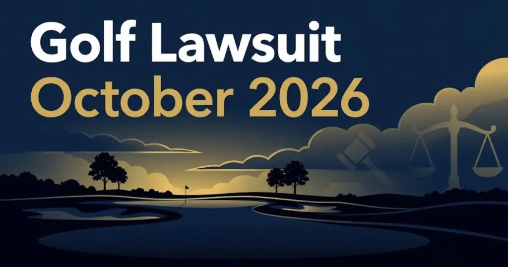 Golf lawsuit October 2026 hero banner with golf course silhouette and legal symbols in navy and gold
