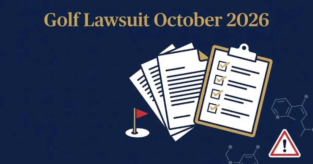 Golf lawsuit October 2026 supporting graphic with legal documents and chemical exposure icons in navy and gold