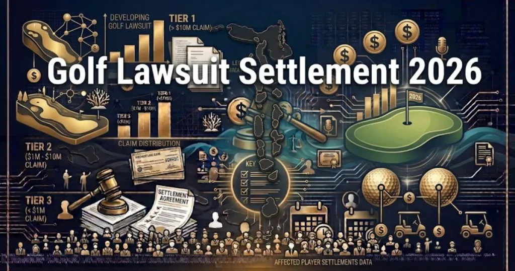 Golf lawsuit settlement 2026 graphic with legal documents and gavel on navy background