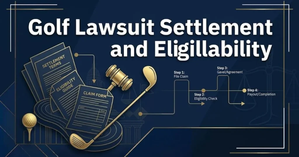 Golf lawsuit settlement and eligibility graphic with legal documents and golf equipment icons in navy and gold