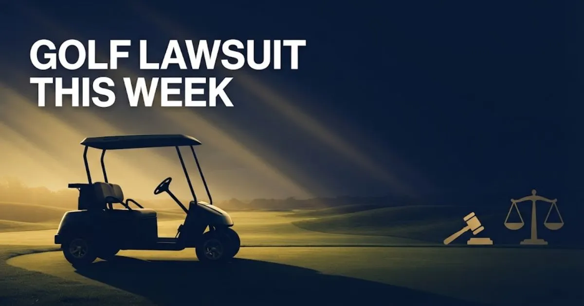Golf lawsuit this week hero banner with golf cart silhouette and legal symbols on navy background