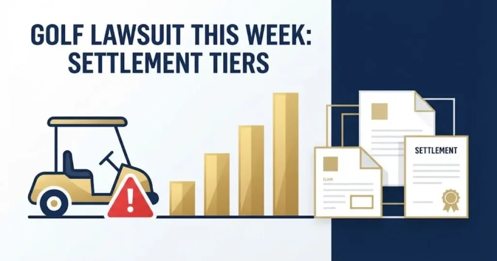 Golf lawsuit this week settlement tiers infographic with golf cart brake illustration and payout chart