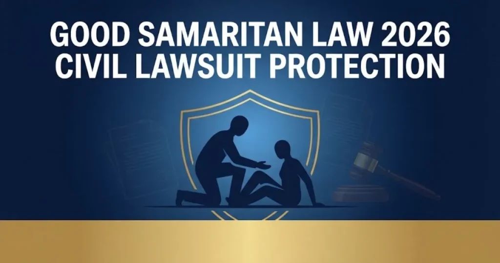 Good Samaritan law 2026 civil lawsuit protection graphic showing abstract rescue scene with shield icon