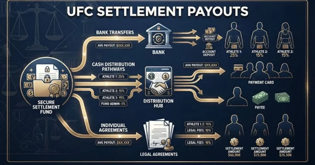 Graphic detailing the fighter payment process for the UFC Lawsuit Last Week settlement distribution.