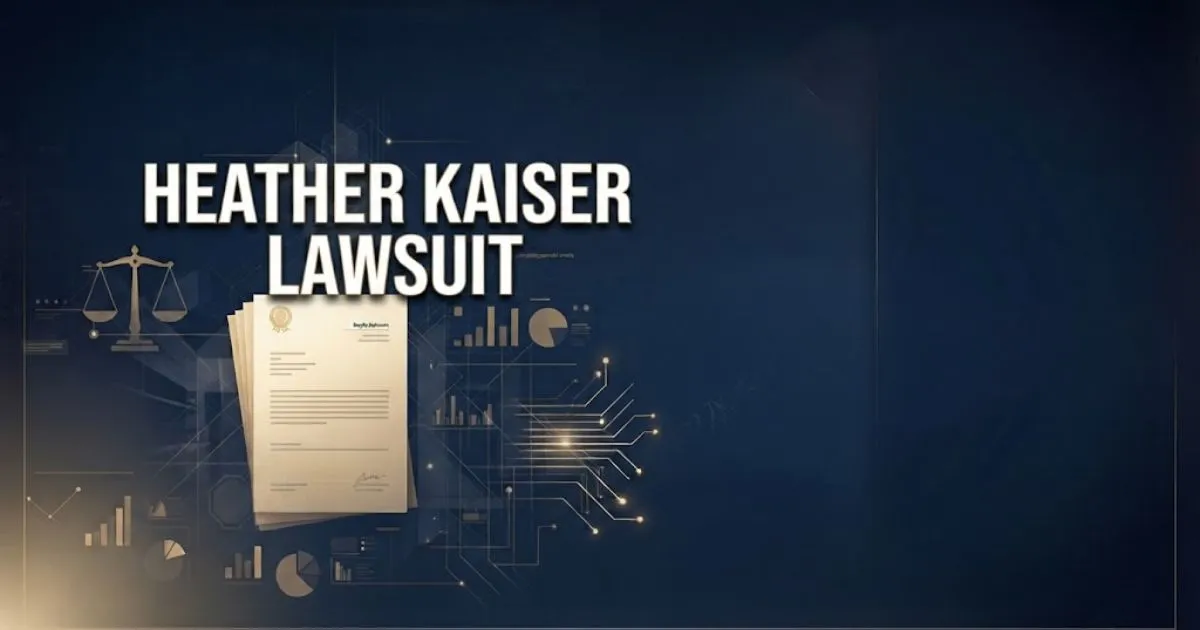 Heather Kaiser lawsuit hero banner with legal scales icon and gold accents on navy background