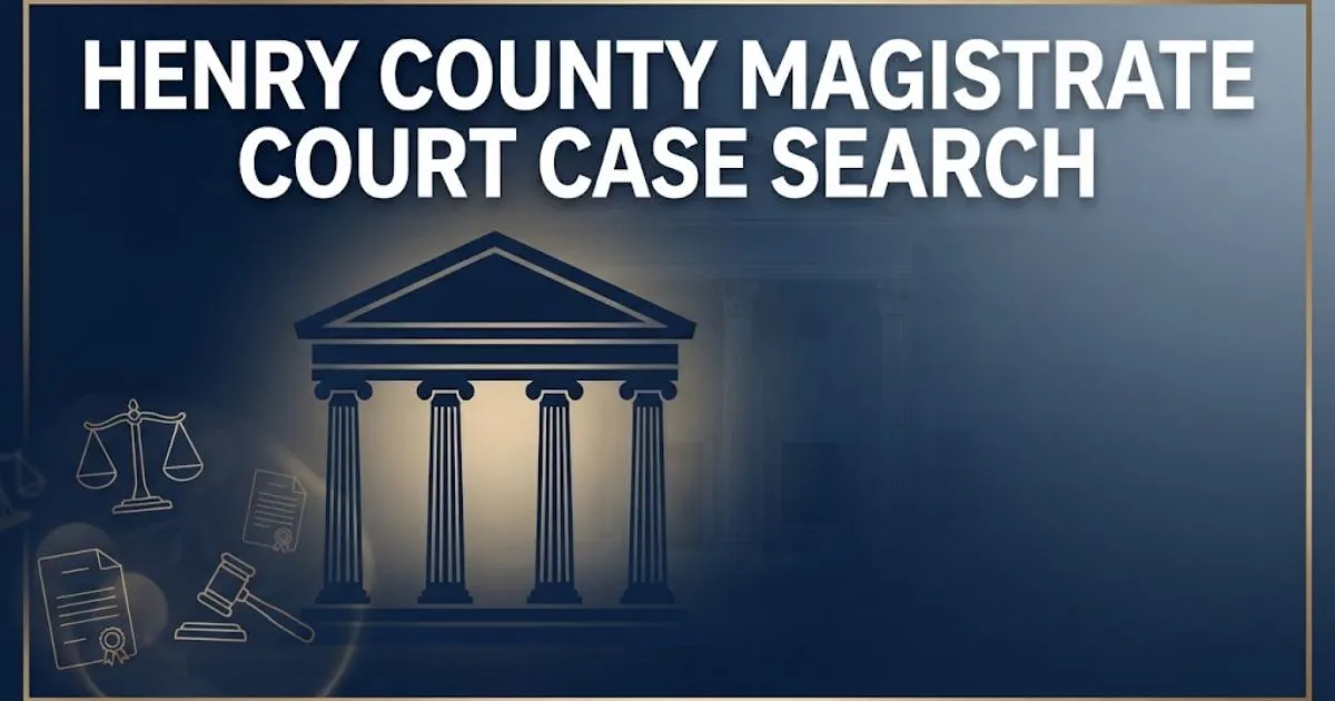 Henry County Magistrate Court Case Search banner with courthouse silhouette and legal icons on navy background