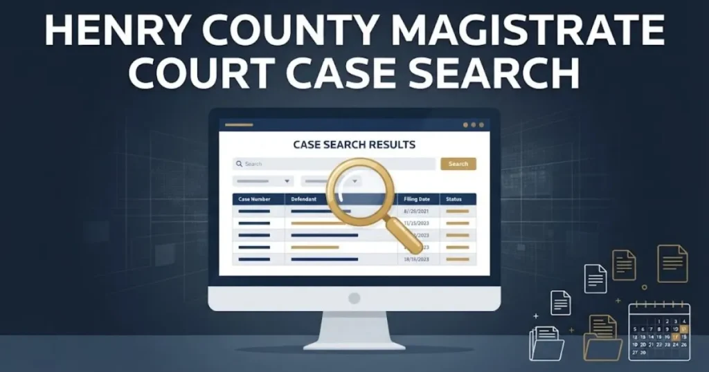 Henry County Magistrate Court Case Search graphic showing digital court records on a computer screen with navy and gold design