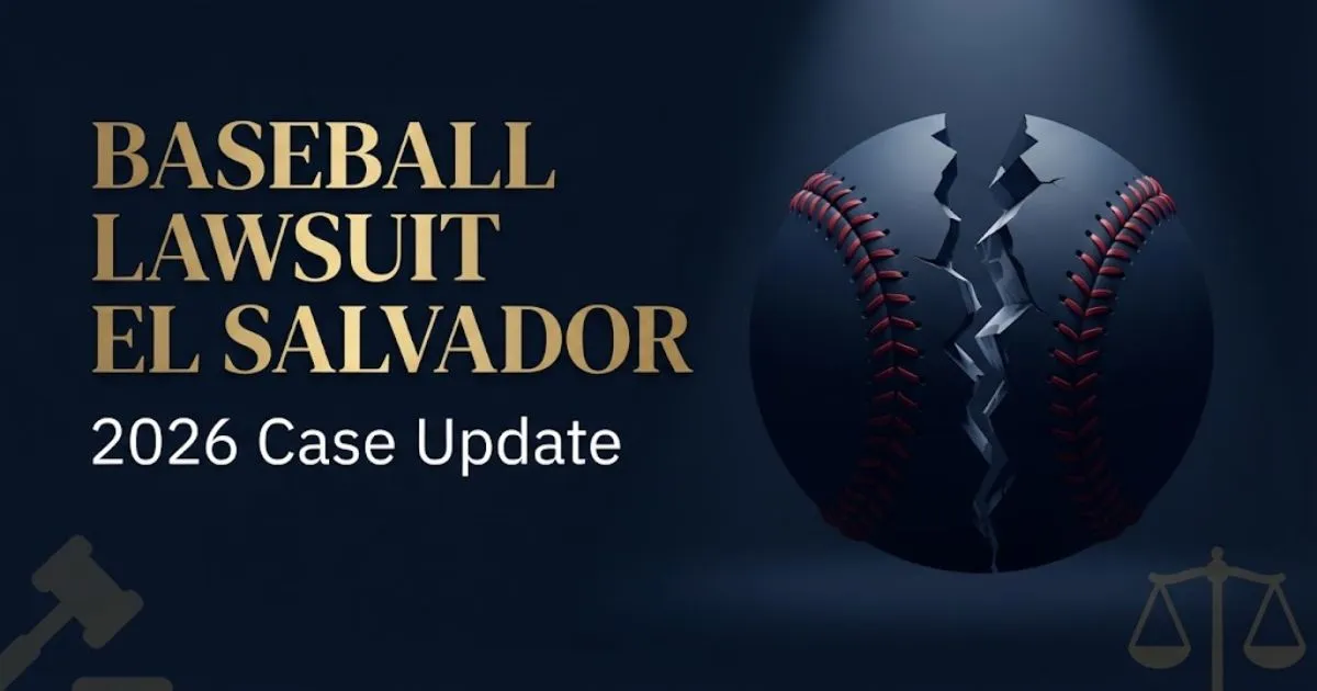 Hero banner showing baseball lawsuit El Salvador 2026 title with cracked baseball and justice icons.