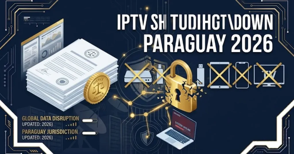 IPTV shutdown Paraguay 2026 graphic showing courtroom documents and blocked streaming devices in navy and gold