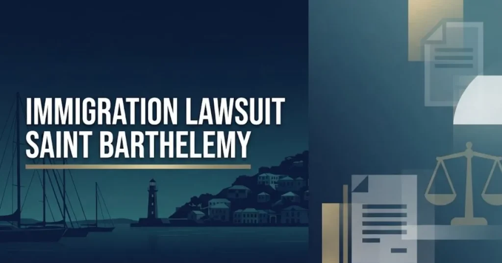 Immigration lawsuit Saint Barthelemy hero banner with Gustavia harbor silhouette and legal symbols in navy and gold