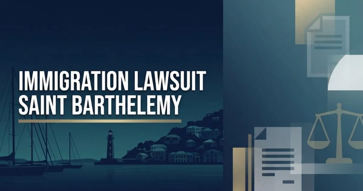 Immigration lawsuit Saint Barthelemy hero banner with Gustavia harbor silhouette and legal symbols in navy and gold