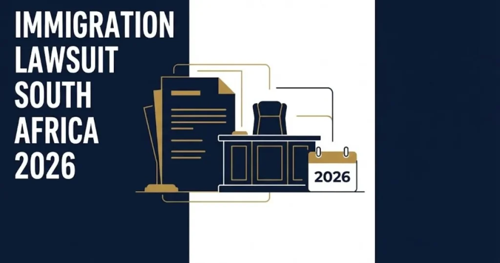 Immigration lawsuit South Africa 2026 courtroom documents graphic in navy and gold tones