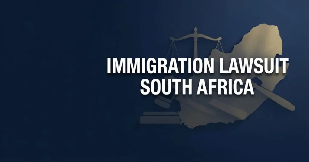 Immigration lawsuit South Africa hero banner with legal scales and map in navy and gold