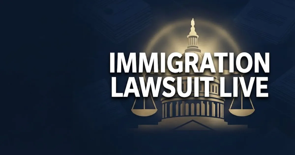 Immigration lawsuit live banner with Capitol silhouette and scales of justice in navy and gold