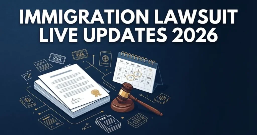 Immigration lawsuit live updates 2026 graphic with legal documents gavel and calendar icons