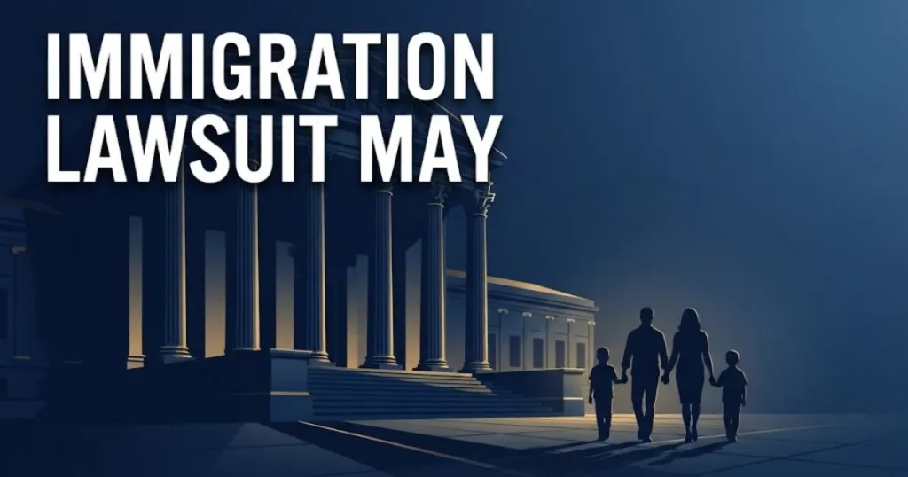 Immigration lawsuit may affect your status in 2026 with courthouse silhouette and family figures in navy and gold