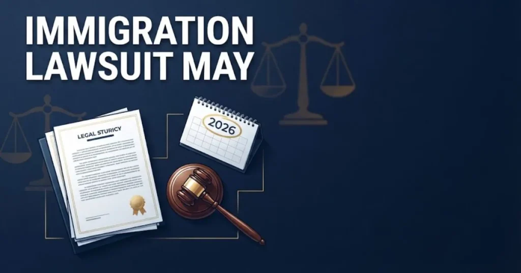 Immigration lawsuit may settlement timeline graphic with legal documents and 2026 calendar in navy and gold