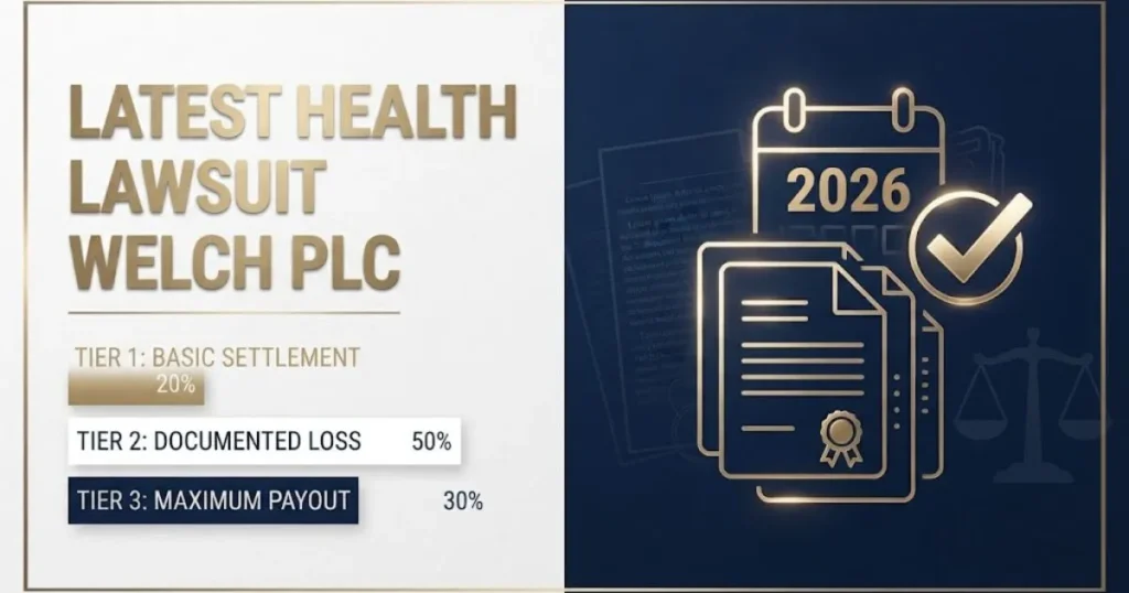 In-article graphic displaying latest health lawsuit welch plc settlement tiers with document icons and 2026 calendar on navy and white background
