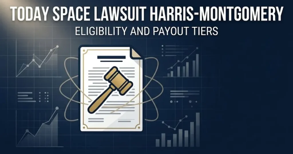 In-article graphic displaying today space lawsuit harris-montgomery with legal document and settlement tier visual elements