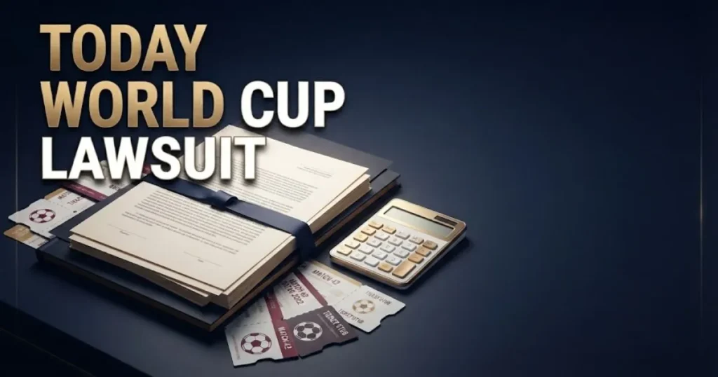 In-article graphic of legal documents and ticket stubs with today world cup lawsuit title text in gold on navy desk