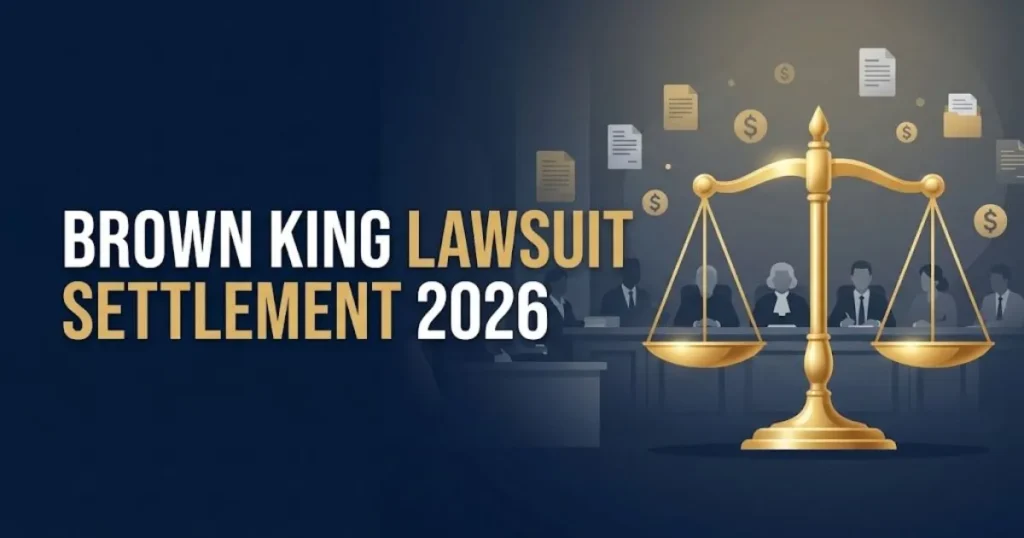 In-article graphic showing brown king lawsuit settlement 2026 with courtroom silhouettes and justice scale in navy and gold
