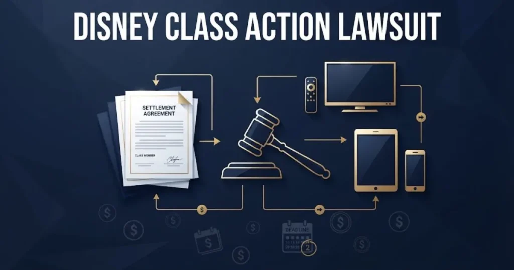 In-article graphic showing disney class action lawsuit headline with legal documents, gavel, and settlement icons