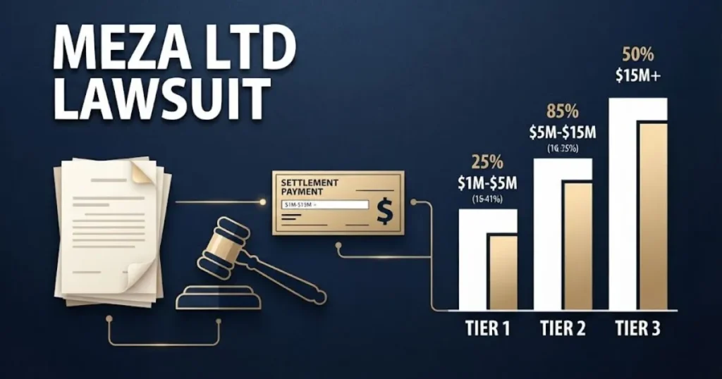 In-article graphic showing meza ltd lawsuit text with abstract settlement documents and tier chart on navy background