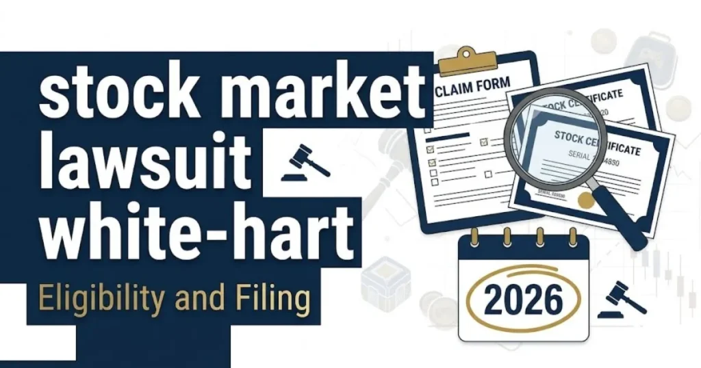 In-article graphic showing stock market lawsuit white-hart eligibility and filing details with claim form and calendar icons