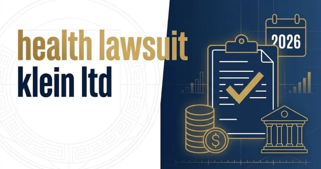 In-article graphic with health lawsuit klein ltd title alongside settlement icons including clipboard, coins, calendar, and courthouse in navy and gold