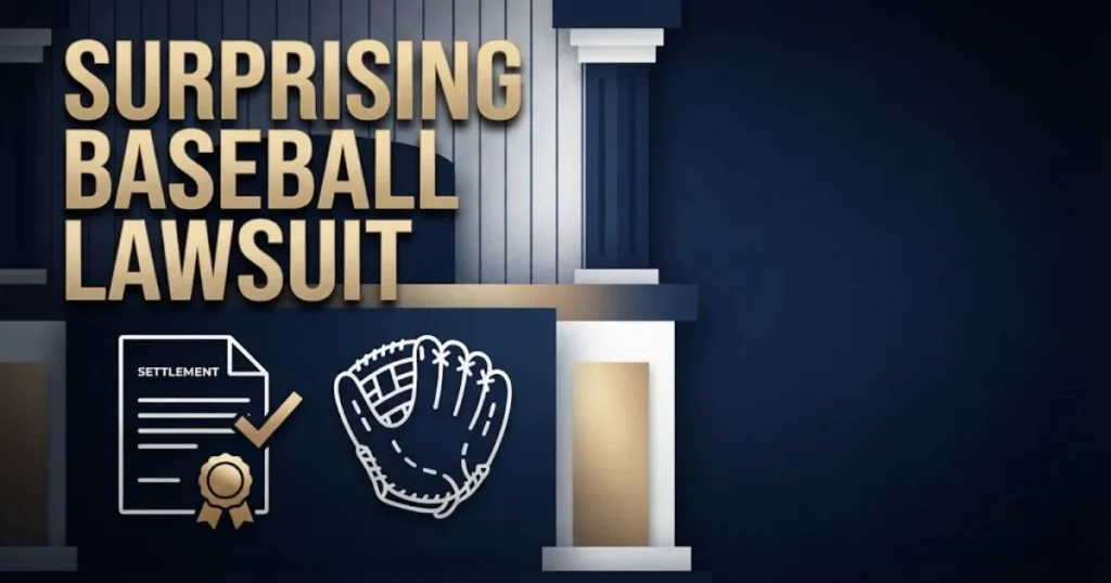 In-article graphic with surprising baseball lawsuit text beside abstract courtroom and settlement document icons