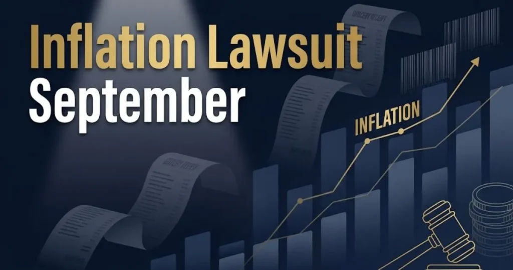 Inflation lawsuit September 2026 hero banner with rising price charts and golden gavel on navy background