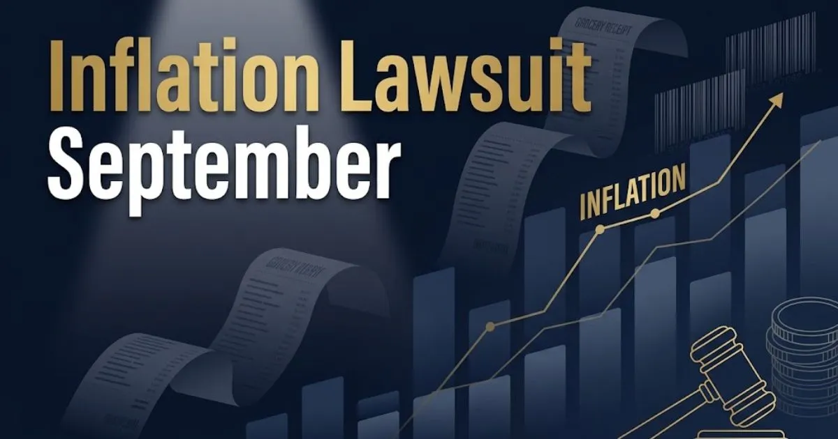 Inflation lawsuit September 2026 hero banner with rising price charts and golden gavel on navy background