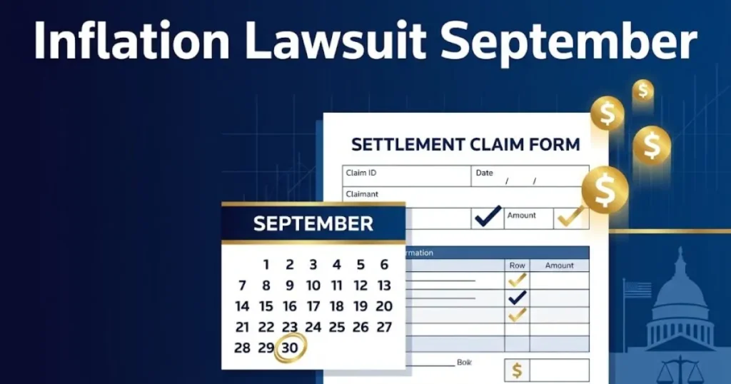 Inflation lawsuit September settlement claim graphic with calendar deadline and courthouse silhouette on navy