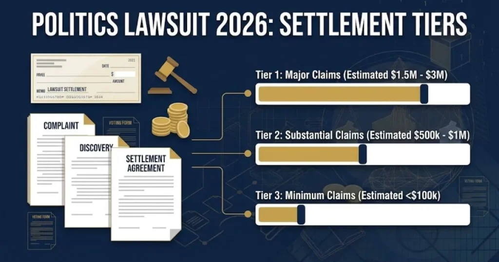 Infographic showing Politics Lawsuit 2026 settlement tiers with legal document icons and payout bar chart in navy and gold