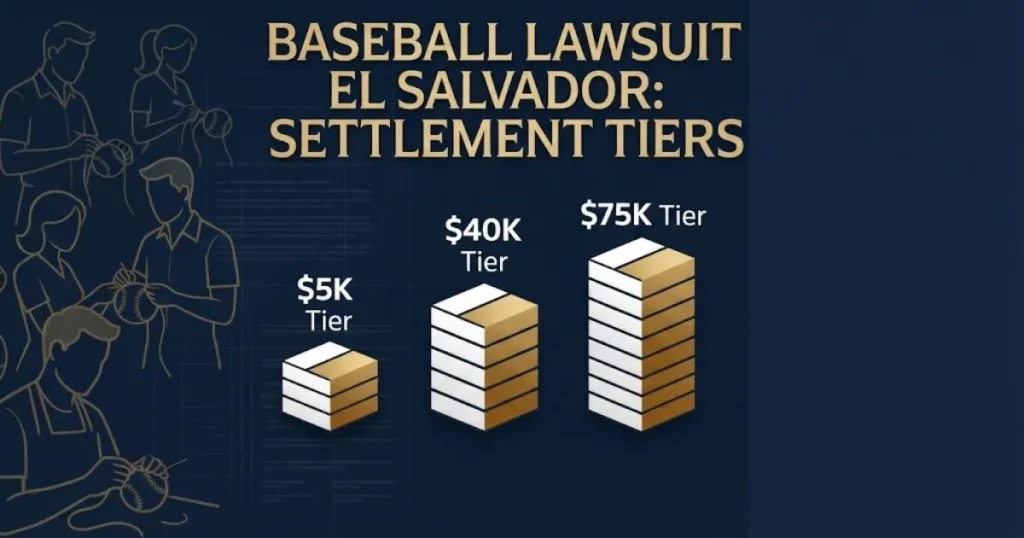 Infographic showing baseball lawsuit El Salvador settlement tiers and worker silhouettes for 2026 case.