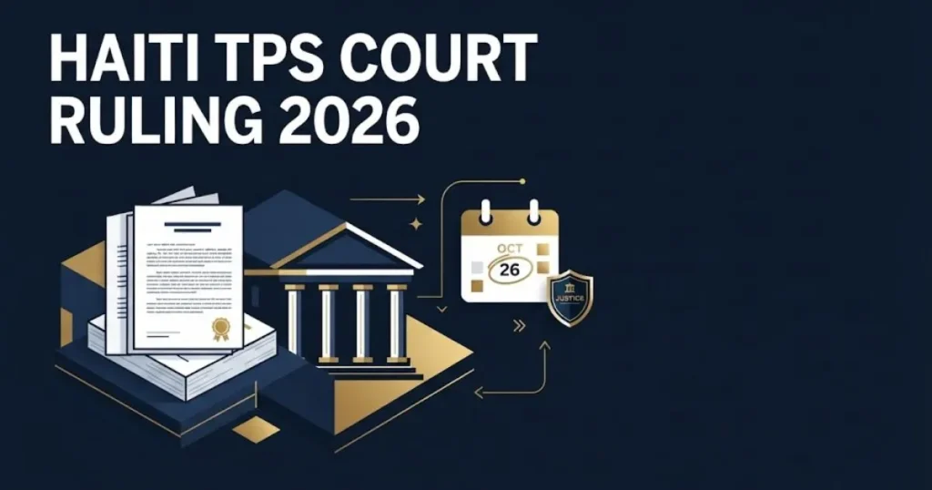 Infographic-style image showing Haiti TPS Court Ruling 2026 title with legal documents and courthouse in navy and gold tones