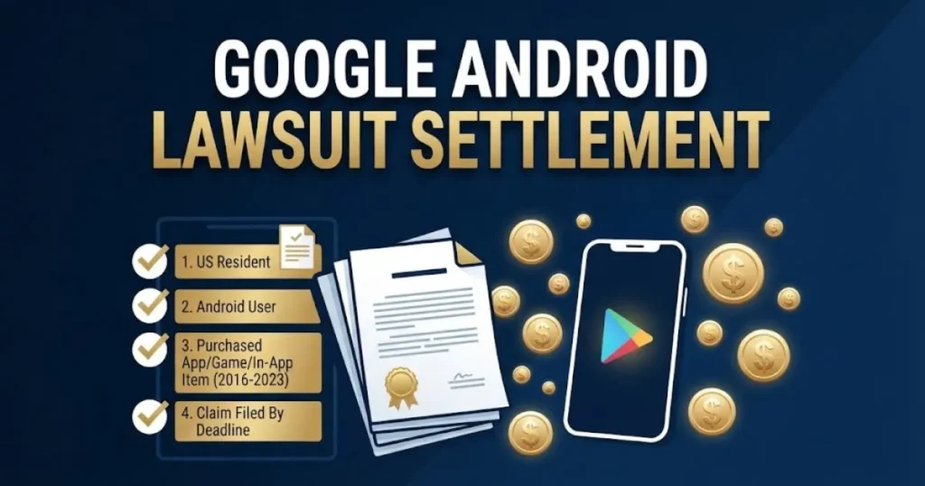 Infographic style image showing google android lawsuit settlement details with phone and document icons