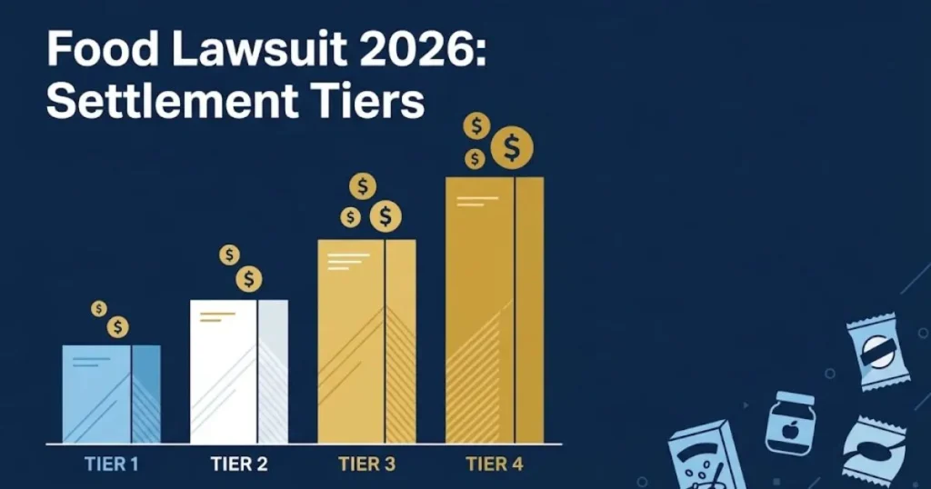 Infographic-style image with Food Lawsuit 2026 Settlement Tiers headline showing payout bar chart in navy and gold